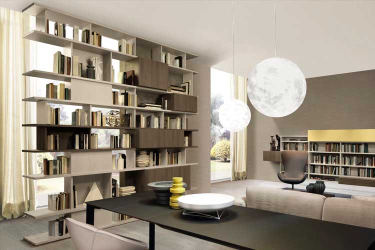 Librería de salón con aperturas a dos lados y módulos fijos