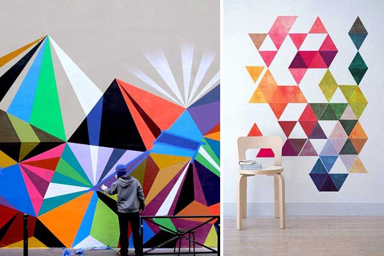 Murales hechos a mano para decorar paredes con motivos geométricos