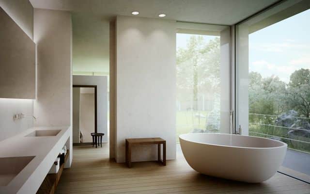 Decoración de baños con bañera exenta de estética minimalista