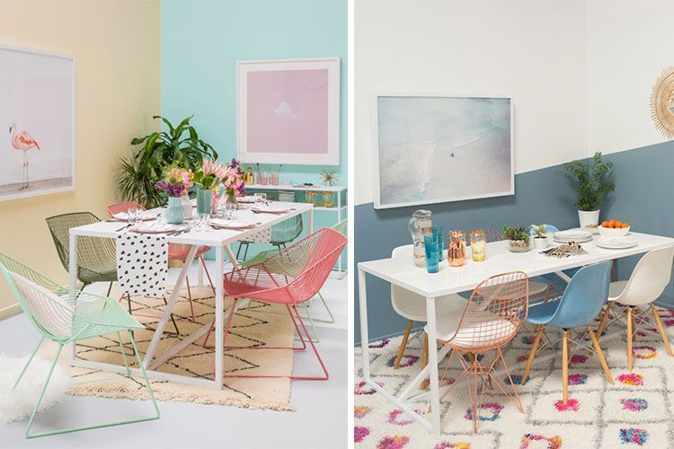 Mesa de comedor con sillas de diferentes colores
