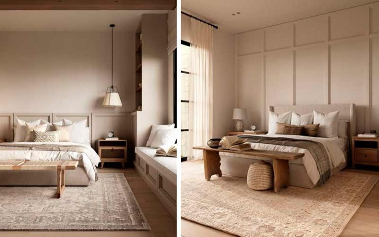 Dormitorio de matrimonio decorado en tonos neutros